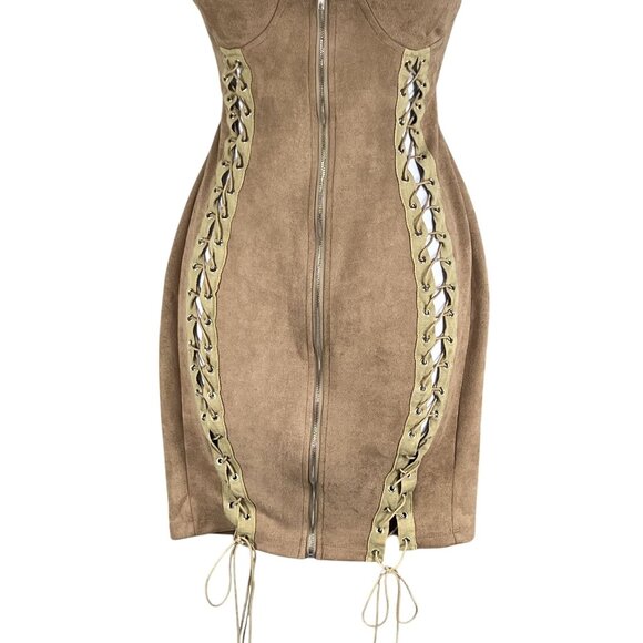 Better Be L Tan Vegan Suede Mini Dress Zip Front Lace Up Stretchy Costal Cowgirl - Picture 4 of 16